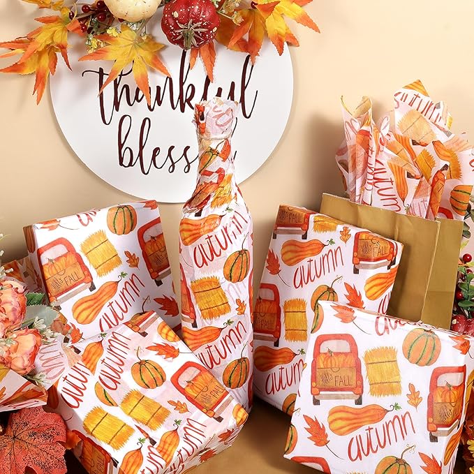 100 Sheets Fall Tissue Paper Bulk, Pumpkins Maple Leaves Truck Hay Pattern Wrapping Paper for Fall Autumn DIY Crafts Thanksgiving Day Gift Bag Fillers Party Supplies, 13.8 x 19.7 Inch
