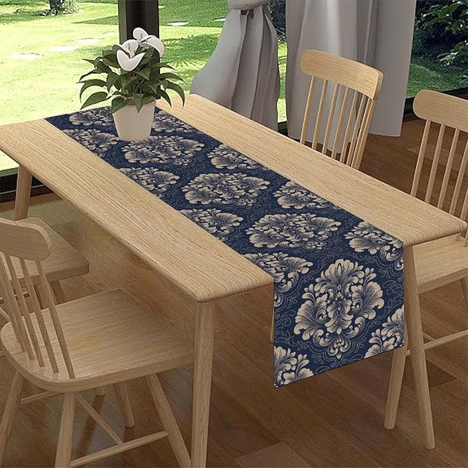 Vintage Damask Table Runner, Blue Classical Luxury Old Fashioned Damask Royal Victorian Flora Print Table Center Decor for Family Kitchen Table Decorations Indoor Outdoor 13x108 inch