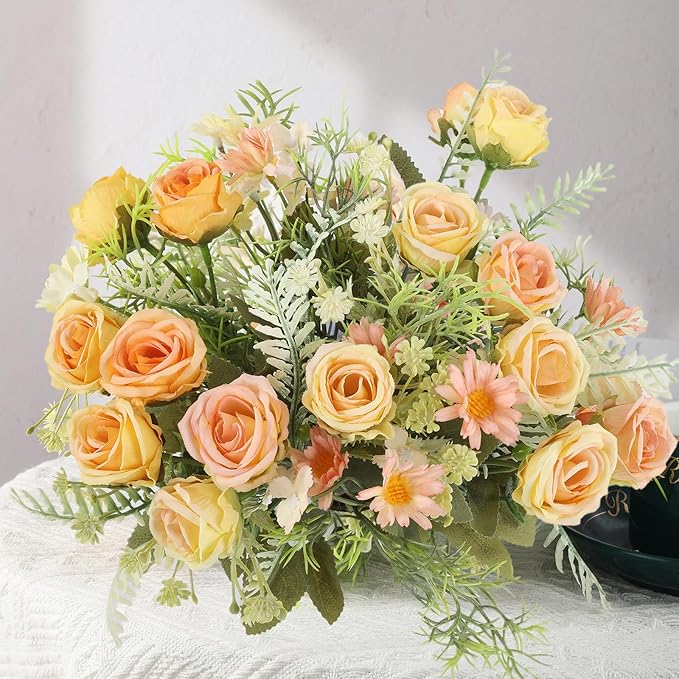 3 Pcs Artificial Rose Flowers Fake Flowers Bouquet Faux Flower Arrangement for Wedding Home Centerpieces Decor(Champagne)