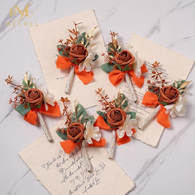 Meldel Terracotta Boutonniere for Men Wedding, Set of 6, Groom and Best Man Boutonniere, Guest Rose Boutonniere for Wedding Prom Homecoming Ceremony Anniversary Party, Burnt Orange