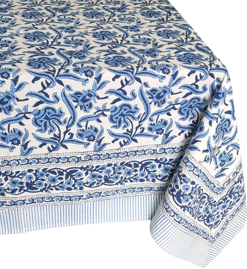 ATOSII Midnight Bloom 100% Cotton Spring Summer Tablecloth, Hand Block Print Rectangle Table Cover for Kitchen Dining Linen I Parties, Outdoors, Wedding, Easter I 72 X 108 Inches I 8 Seater