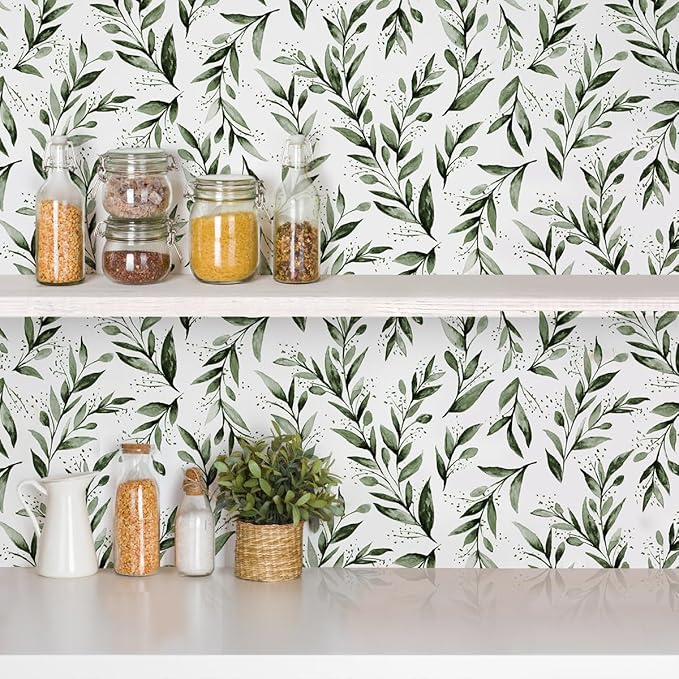Erfoni Green Leaf Peel and Stick Wallpaper Green Contact Paper 17.7"x 118.1" Boho Leaves Self Adhesive Wallpaper Modern DIY Removable Wall Paper for Bedroom Cabinets Decor Vinyl Roll