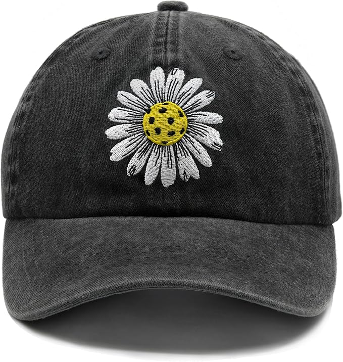 Waldeal Pickleball Hat for Women, Ajustable Embroidered Daisy Washed Denim Baseball Cap