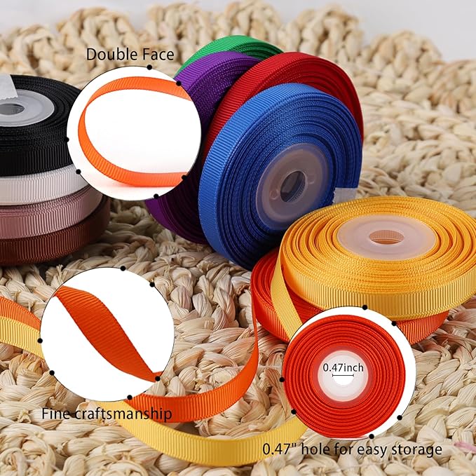 LaRibbons 3/8 Inch 100 Yard Grosgrain Ribbon Pack,10 Yd/Roll 10 Rolls Craft Ribbon for Gift Wrapping Floral Bouquets Wedding Party Decoration, Rainbow