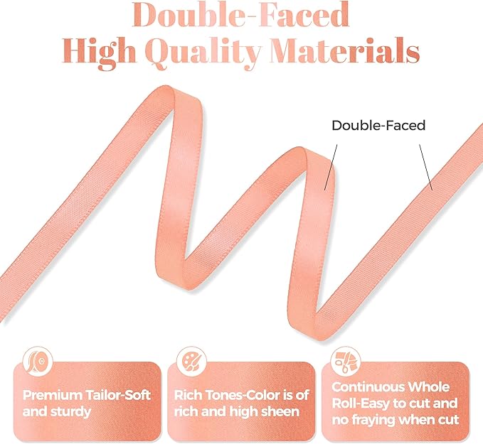 Peach Satin Ribbon, Double Faced 1/4 Inch X 25 Yards Peach Ribbon, Premium Satin Ribbon for Gift Wrapping, Crafts, Hair Bow Making, Sewing, Flower Bouquet, Wedding Party Decor