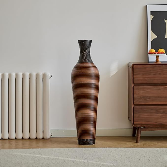 Large Hand-Woven Bamboo Floor Vase, Tall Home Decor Floor Vase for Fake Flower Dried, PVC Decorative Flower Holder for Living Room, Bedroom, Dining Room, Entryway, Hallway