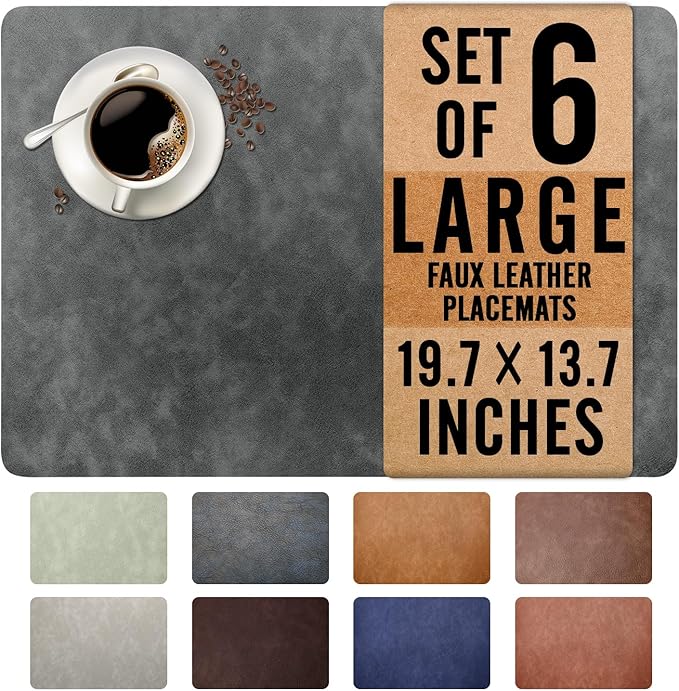 UnivoColors Washed Cowhide Pattern Faux Leather Big Size Placemats Set of 6, Waterproof Easy to Clean Anti-Slip PU Table Mats for Party Decoration19.7″×13.6″,Dark Grey Retro Cowhide Pattern
