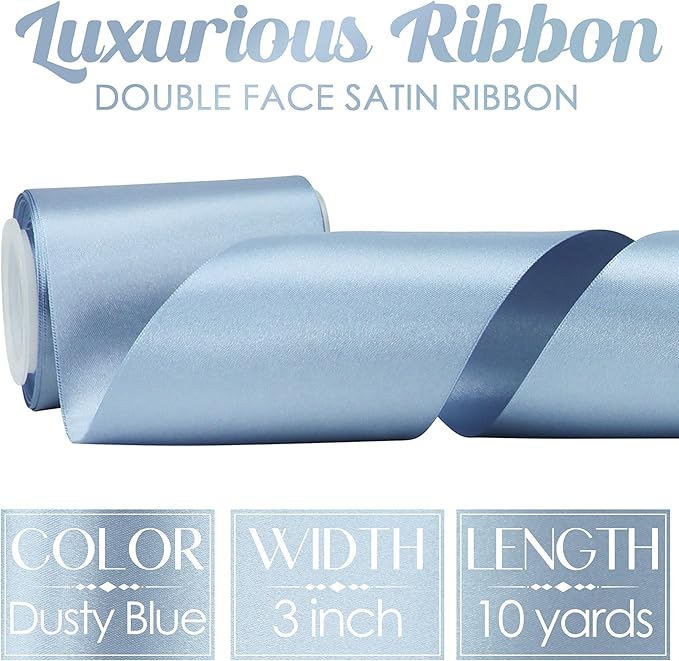 MEEDEE Dusty Blue Satin Ribbon Lux Double Faced Satin Ribbon 3 Inch Dusty Blue Ribbons by 10 Yards French Blue Ribbons for Crafts, Christmas Tree, Flower Bouquet, Weddings, Bow Making