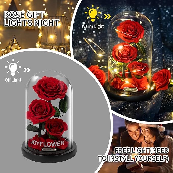 JoyFlower Preserved Flowers Gift for Women, Handmade Eternal Rose in Glass Dome, Forever Real Rose Gifts for Wife Mom Girlfriend, Three Red Roses Gift for Anniversary Birthday Valentine's Mother's Day