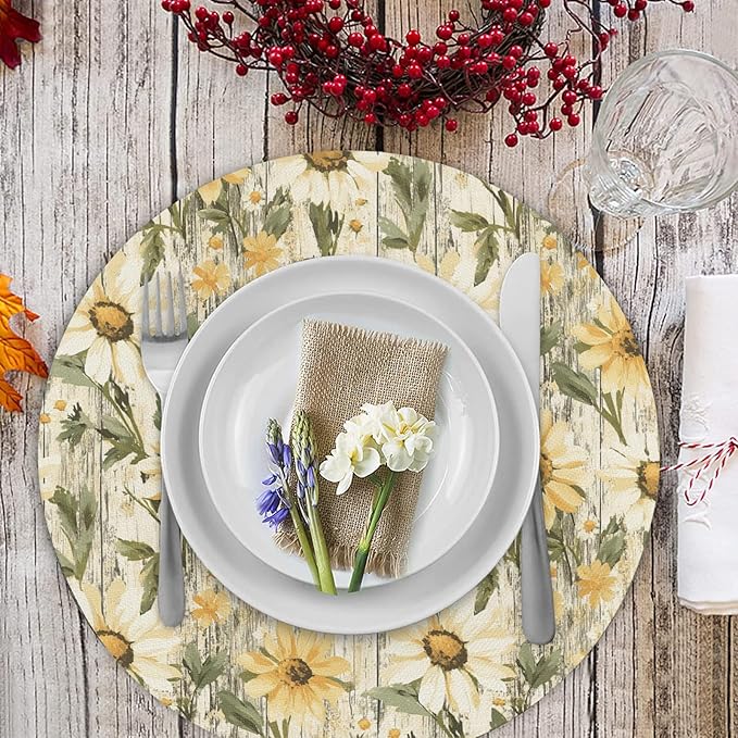 Flower Round Placemat Set of 4 Elegant Linen Table Mats for Dining, Heat Resistant, Stain Resistant Perfect for Dinner Parties, Restaurants, and Everyday Use