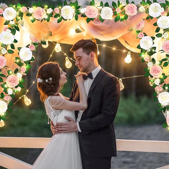 4 Pcs Flower Garland with 39.2 Ft Lights, 26.4 Ft Pink & White Floral Garland Fake Flowers for Wedding Arch Party Wall Garden Room Decor