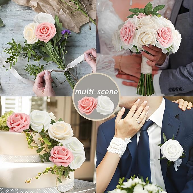 200PCS Artificial Flowers Champagne Mixed Series Roses Real Looking Foam Fake Roses with Leaves for DIY Wedding Bouquets Bridal Shower Centerpieces Party Decorations