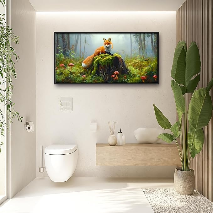 Forest Fox Large Wall Art Framed Rustic Wall Decor for Living Room Fox Mushroom Pictures Oversized Canvas Print Painting Modern Extra Large Framed Artwork for Bedroom Office 60"x30"