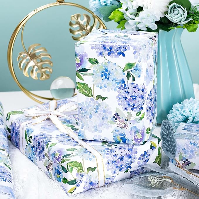 MAYPLUSS Floral Gift Wrapping Paper Roll - Watercolor Blue Hydrangea Design Floral Gift Wrap Paper for Wedding, Bridal Shower, Mother’s Day, Valentine's Day, Birthday, Anniversay (17 Inch X 16.5Feet)