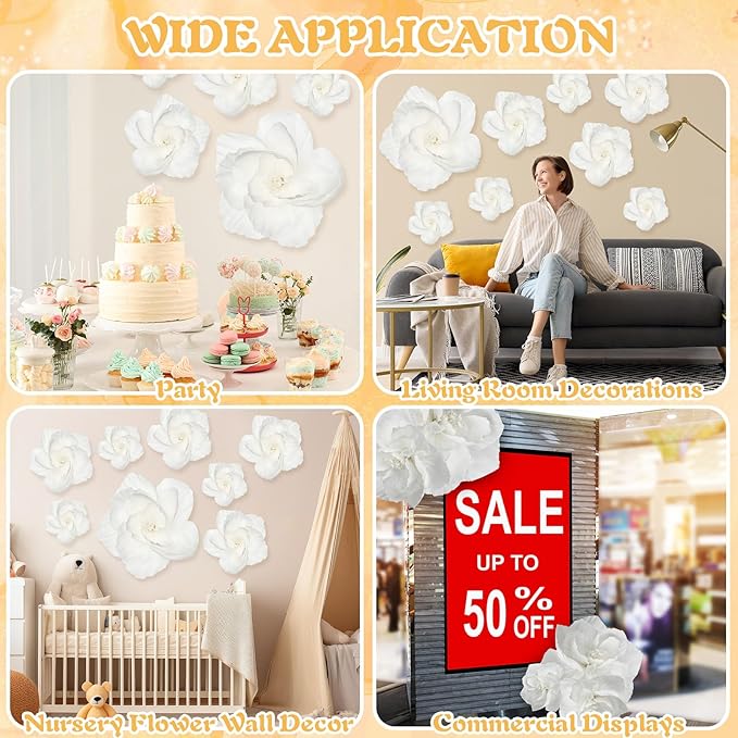 Giant Paper Flowers Artificial Large Paper Flower Decoration for Handcrafted Wall Backdrop Christmas Mexican Wedding Graduation Bridal Shower Birthday Party Supplies(White,24 Pcs)
