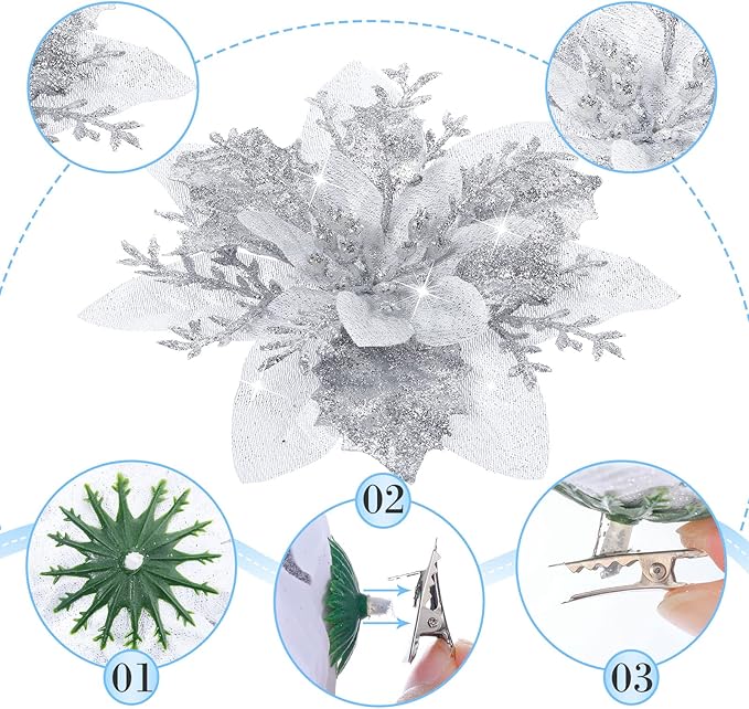 36 Pcs Christmas Glitter Artificial Poinsettia Flowers Xmas Poinsettia Artificial Wedding Flowers Decorations Xmas Tree Ornaments with Clips for Party, 6 Inch, 4 Inch, 3 Inch(Silver)