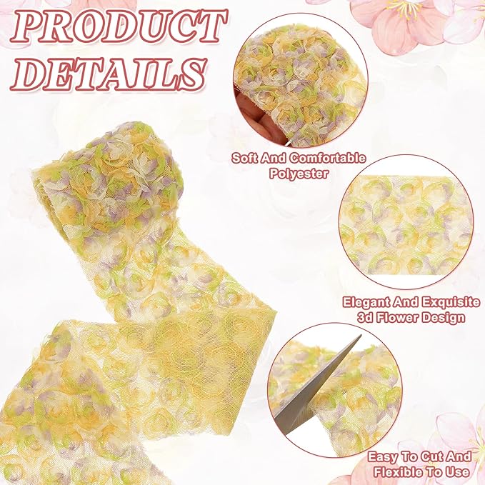 uxcell 2PCS Lace Trim Ribbon, 2.36 inch - 1 Yard 3D Rose Floral Embroidery Ribbons Edge Trimming for Sewing, Wedding Dress, DIY Crafts, Decoration Accessories, Color Yellow