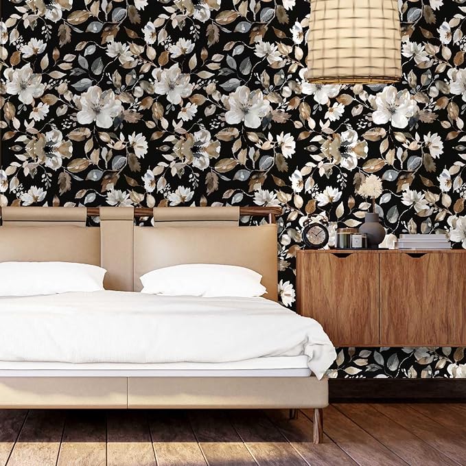 Vintage Dark Black Floral Peel and Stick Wallpaper Modern Botanical Flower Waterproof Removable Self Adhesive Vinyl Contact Wall Paper for Farmhouse Bathroom 17.7" X 124" Roll