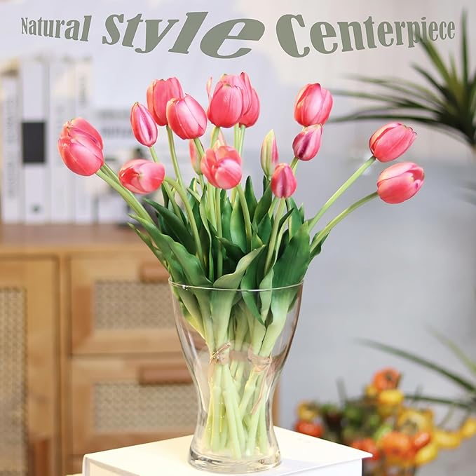20pcs Artificial Tulip Flowers,16 Inch Real Touch Tulip Stems with Faux Leaves, Faux Tulips and Buds for Home Décor Centerpiece Ornament Wedding Bouquet,Deep Pink