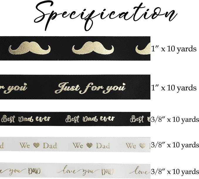 MEEDEE Happy Father's Day Ribbon Fathers Day Decorations Gift Box Wrapping Paper Decor Thank You Satin Thin Ribbon Assorted Black Satin, 5 Rolls with 10 Yards Each Total 50 Yards