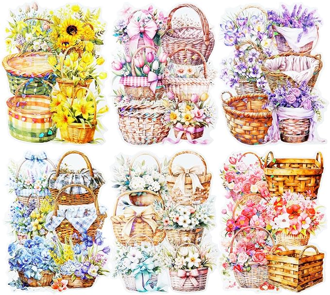 Floral Basket Holographic PET Sticker Set, 72Pcs Vintage Flower Stickers for Scrapbooking, Journaling, Junk Journal Supplies, and DIY Crafts
