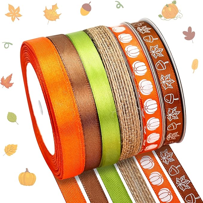 Stain Ribbon 6 Rolls Fall Harvest Thanksgiving Pumpkin Wrapping Ribbon 3/8 Inch x 150 Yards for Crafts Bows Decor