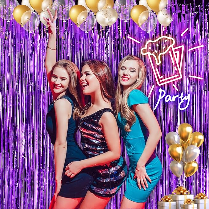 2 Pack 3.28 ft x 6.56 ft Purple Tinsel Curtain Party Backdrop - Metallic Foil Tinsel Fringe Backdrop Door Fringe for Birthday Graduation Wedding Party Photo Backdrop.