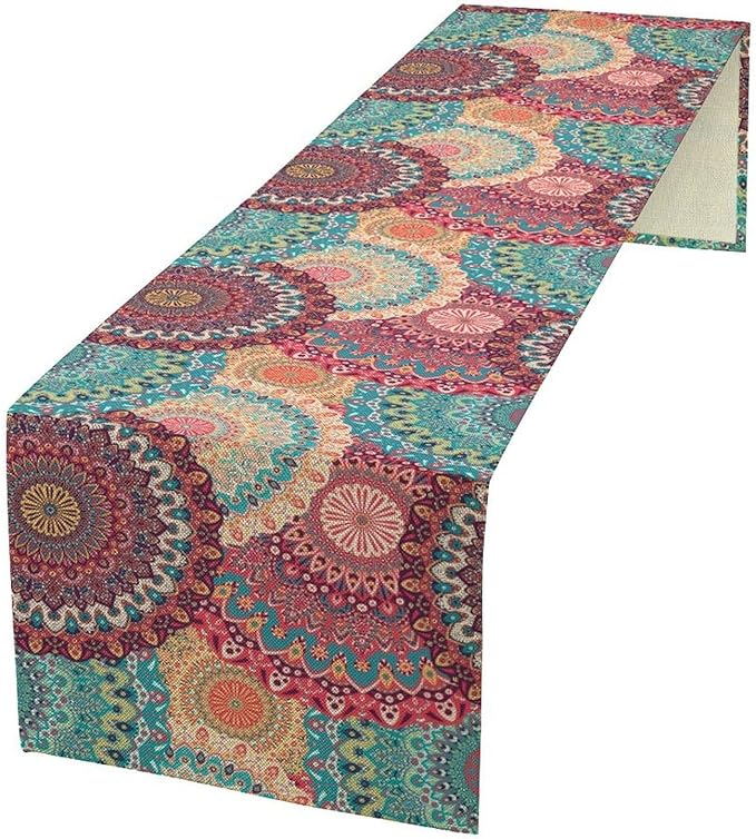 Bohemian Table Runner, Colorful Traditional Blue Pink Mandala Flower Table Runner for Kitchen Dining Cafe Party Decor, 13x90 Inch