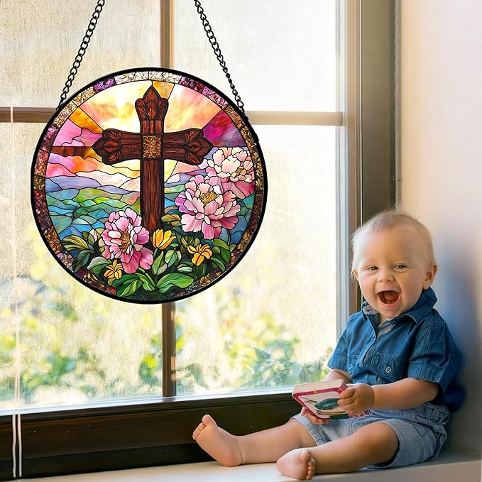Christian Gifts for Women - Cross Stained Glass Window Hanging Jesus Easter Pink Flower Peony Sun Catcher Garden Religion Decor Mother's Day Catholic Gift for Men Grandma Mom Her Nana 11.8"