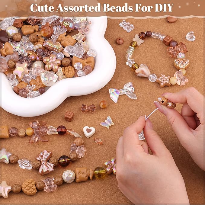 Assorted Acrylic Beads, 200-260PCS Brown Cute Beads for Bracelet Making, GummyBear Bow Flower Candy Kawaii Charms for Jewelry Making DIY Necklace Keychain Phone Charm Christmas Gift