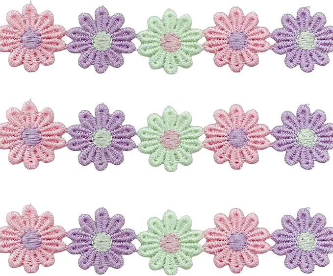15 Yards Daisy Flower Lace Trim Embroidered Floral Lace Sewing Trim Ribbons for Embellishment Craft Dress Hair Accessories Decorations (Pink+Lavender+Light Green, 1" x 15 Yards)