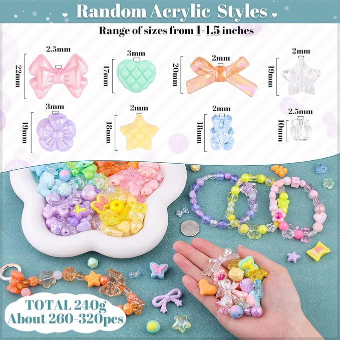Assorted Acrylic Beads, 400-450PCS 6 Mixed Colors Cute Beads for Bracelet Making, Flower GummyBear Bow Kawaii Charms for Jewelry Making DIY Necklace Keychain Phone Charm Christmas Gift