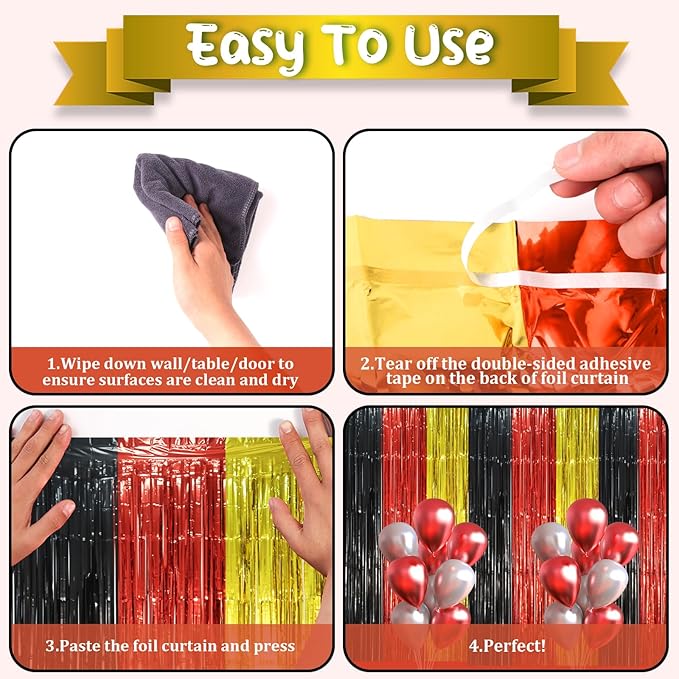 3 Pack 3.3 x 8.2 ft Red Black Gold Foil Fringe Backdrop Curtains, Tinsel Streamers Party Decorations, Fringe Backdrop, Door Shimmer for Thanksgiving Day or Birthday Party