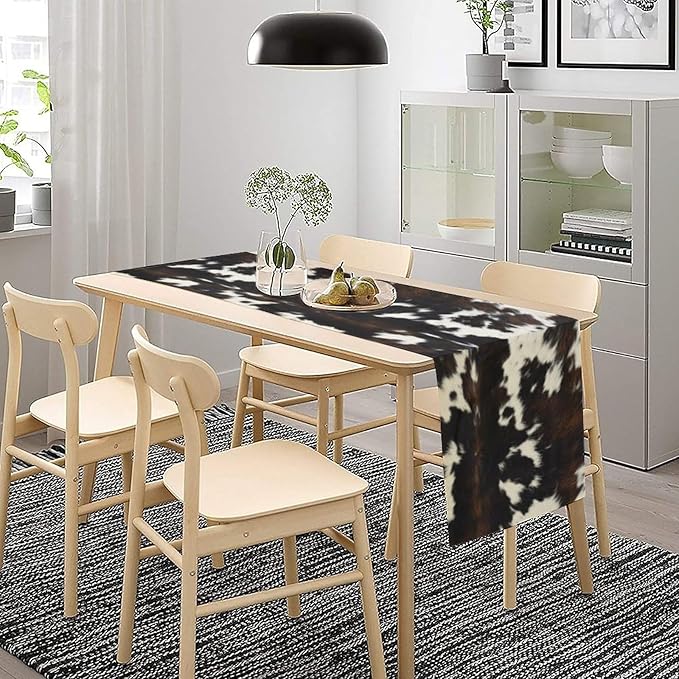 Cow Print Table Runner, Black White Cowhide Print Western Style Table Runner Country Farmhouse Cottage Cow Patten Table Decoration for Home Kitchen Dining, 13x90 Inch