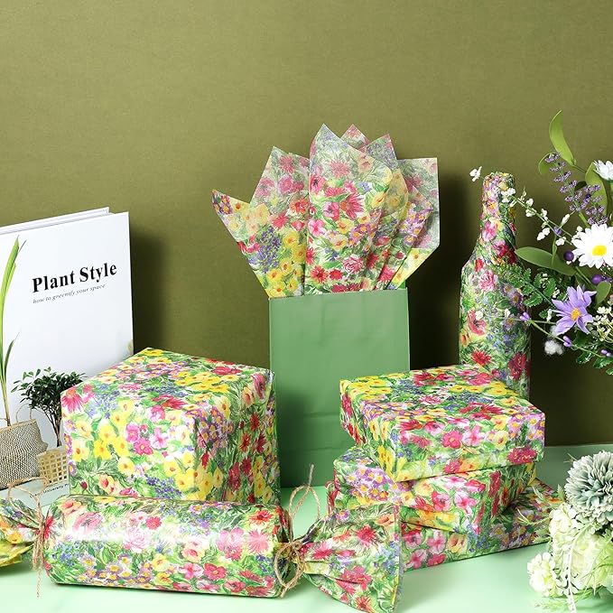 100 Sheet Monet Flowers Tissue Paper, 20''x14'' Botanical Flower Garden Gift Wrapping Paper for Birthday DIY Crafts Baby Shower Wedding Bridal Shower Housewarming Party Supplies