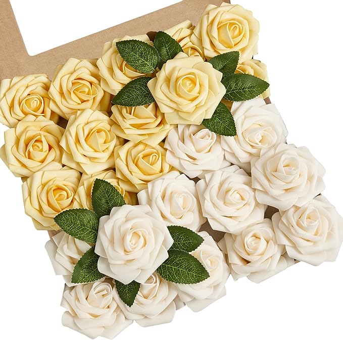 Artificial Flowers, 25pcs Creamy Yellow and Ivory Artificial Rose for DIY Wedding Bouquets Centerpieces Arrangements, Fake Flower with Stems for Party Home Decorations