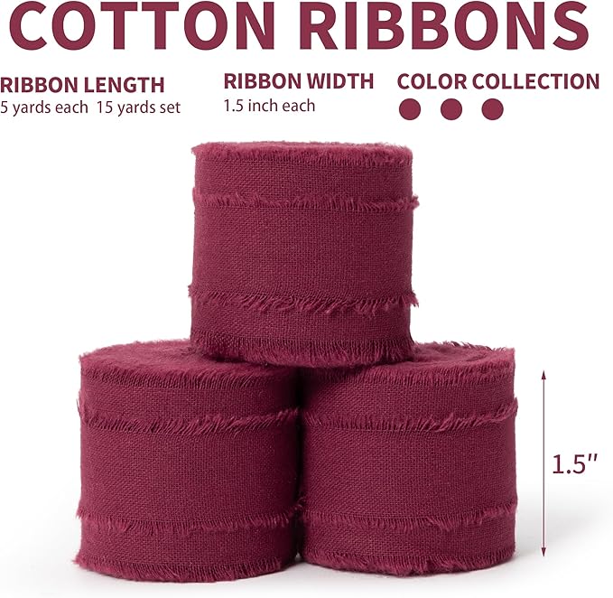 Burgundy Ribbon 1-1/2 x 15 Yards Handmade Cotton Frayed Fringe Fabric Ribbons for Crafts Flower Bouquets Wedding Baby Shower Home DIY Decor