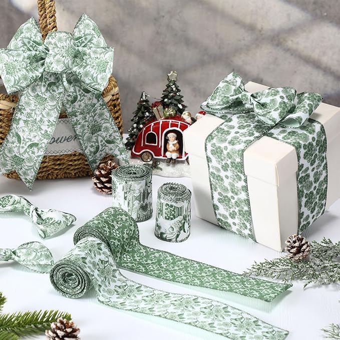 Lyrow 6 Rolls Chinoiserie Ribbon Sage Green Wired Edge Floral Ribbon Botanical Floral Flower Pattern Fabric Craft Wreath Bow Wrapping 2.52 Inches by 5 Yards