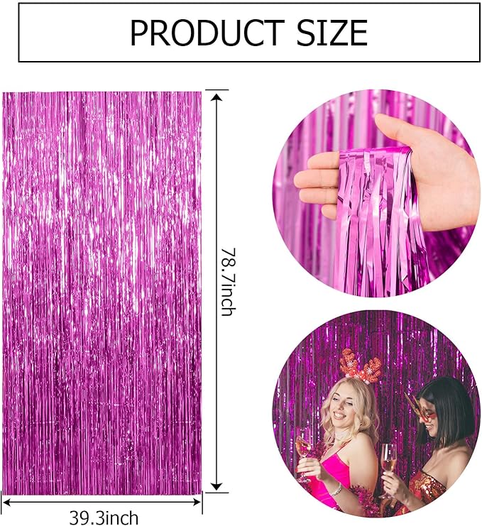 2 Pack Hot Pink Party Backdrop Birthday Decorations Tinsel Curtain Party Streamers Foil Fringe Christmas Bachelorette Graduation Fiesta Party Decorations Hot Pink Photo Booth Backdrop