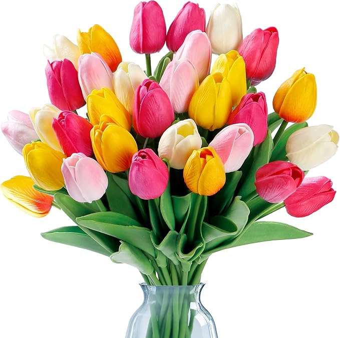 Sggvecsy 30 Pcs Fake Tulips Artificial Flowers Real Touch PU Faux Flowers Tulip Stems for Wedding Spring Bouquet Floral Arrangement Home Office Party Decorations for Mother's Day (Multi Colors)