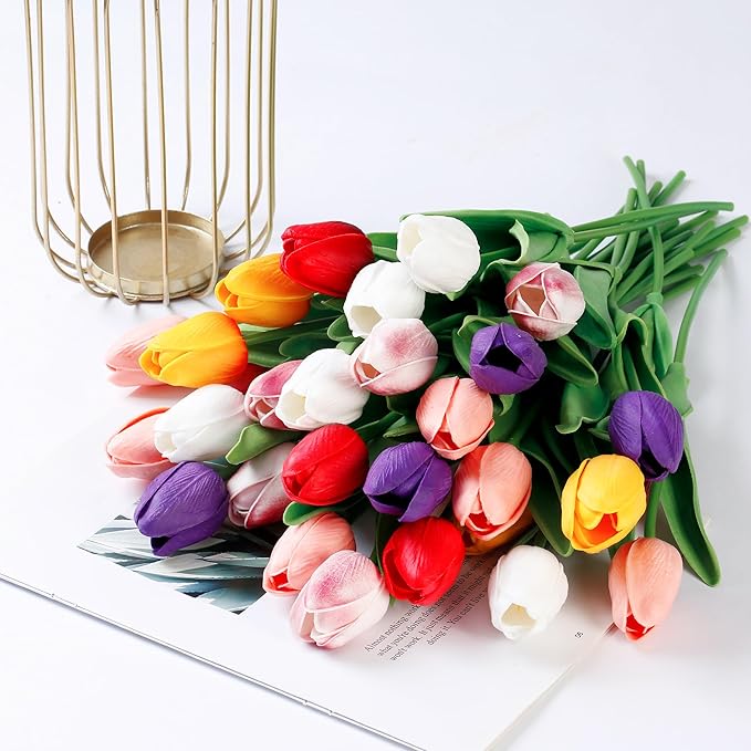 Sggvecsy 30 Pcs Fake Tulips Artificial Flowers Real Touch PU Faux Flowers Tulip Stems for Wedding Spring Bouquet Floral Arrangement Party Home Office Decorations for Mother's Day (Multi Colors)