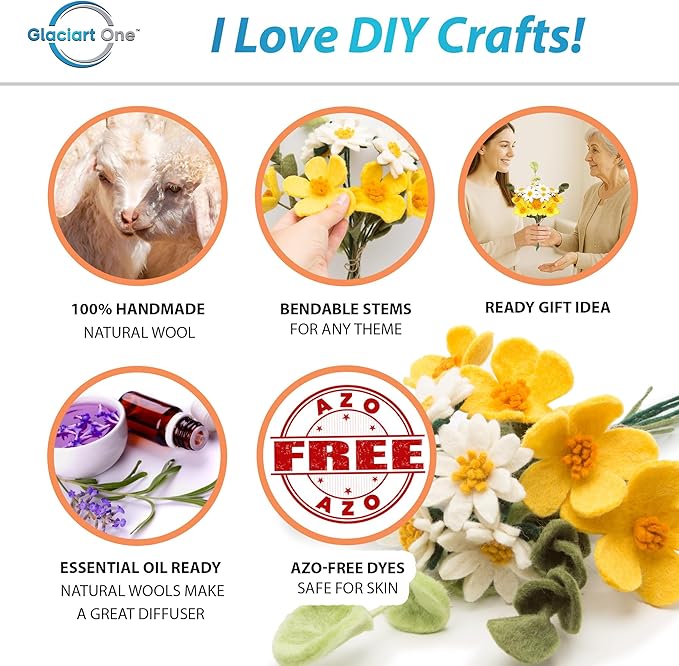 Glaciart One Felt Artificial Flowers Bouquet - 13 pcs | Reusable, Washable and Essential Oil Ready w/Bendable Wire Stem | Great as Gift and Home or Event Decorations