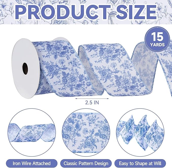 Blue Floral Wired Ribbon 2.5 Inch Vintage Flower Chinoiserie Printed Fabric Ribbon for DIY Crafts Wreath Bow Making, 15 Yards