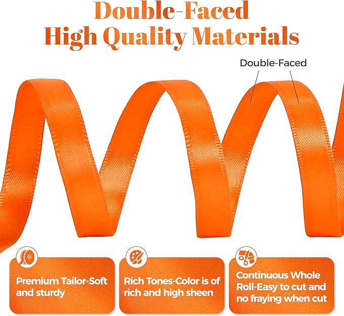 Orange Satin Ribbon, Double Faced 3/8 Inch X 50 Yards Orange Ribbon, Premium Satin Ribbon for Gift Wrapping, Crafts, Hair Bow Making, Sewing, Flower Bouquet, Wedding Party Decor