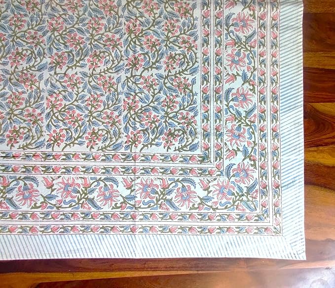 ATOSII Kalina 100% Cotton Square Tablecloth, Handblock Floral Print Linen Table Cloth for Kitchen I Dining Table I Tabletop I Parties I Wedding I Spring/Summer (60 X 60 Inches)