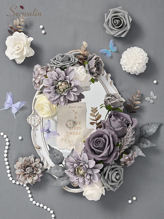 Serwalin Grey Artificial Flowers, Silk Fake Flowers for DIY Wedding Bridal Bouquets, Wedding Cake Flowers for Table Centerpieces Baby Shower Birthday Party Home Decorations