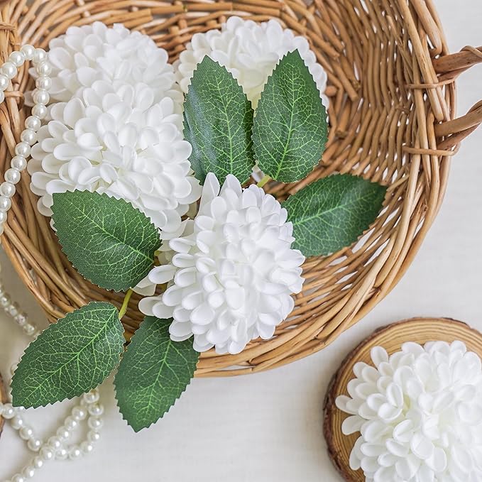 Artificial Flowers, 100pcs Artificial Rose for DIY Wedding Bouquets Centerpieces Arrangements, Elf Green and White Dahlia Flowers with Stems for Party Home Decorations