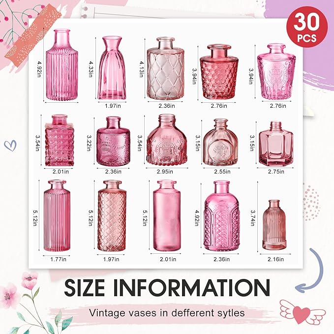 Yaomiao 30 Pcs Vases Bulk Colored Flower Glass Christmas Vases Bud Vintage Colored Glass Bottles Colorful Rustic Embossed for Home Wedding Table Decorations Gifts(Pink Series)