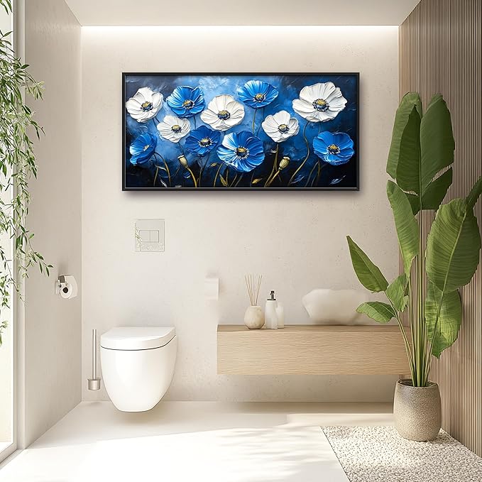 Poppy Large Wall Art Framed Blue Flower Wall Decor for Living Room, Poppies Pictures Oversized Canvas Print Painting Modern Extra Large Framed Artwork for Bedroom Office Home Decor 60"x30"