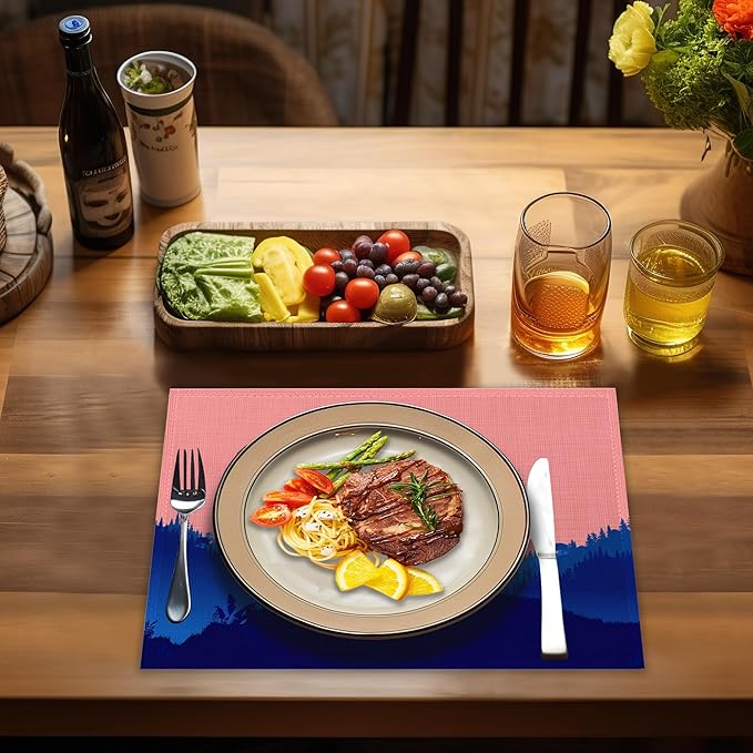 Placemats-Calm Cat On Hilltop Linen Table Place Mats Set of 4 Non-Slip Heat Resistant Table Mats for Dining Kitchen Cabin Decor 12x18 Inch